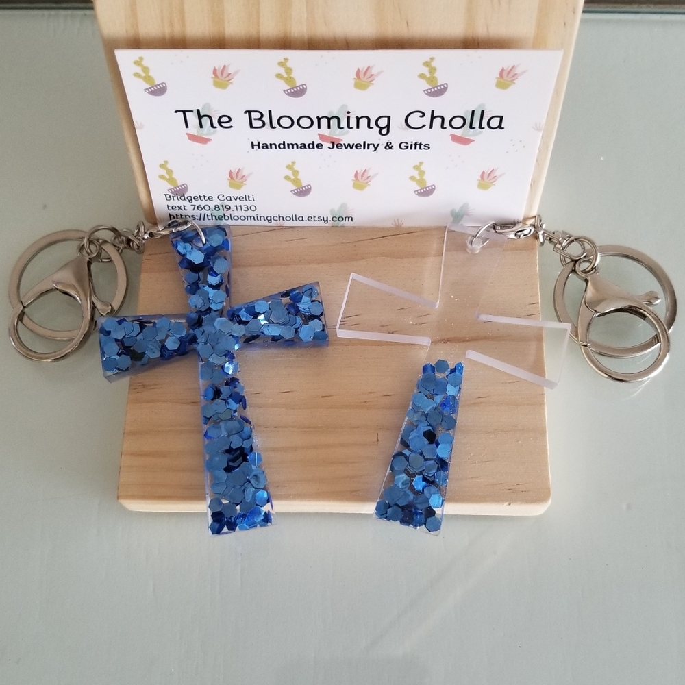 Blue Glitter Cross Keychain Set